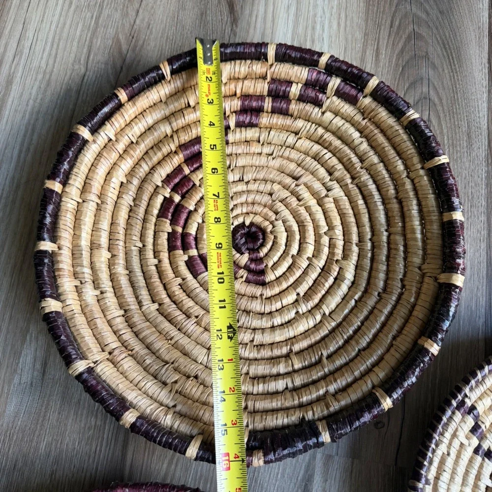 Set of 3 Handwoven Coiled Seagrass Wall Baskets Boho Burgundy Natural Decor